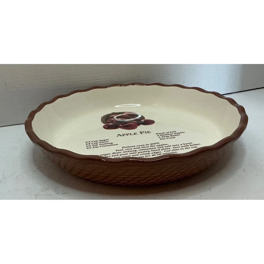 Vintage Apple Pie Ceramic Deep Dish Baker Recipe Basketweave 10.5 Inch